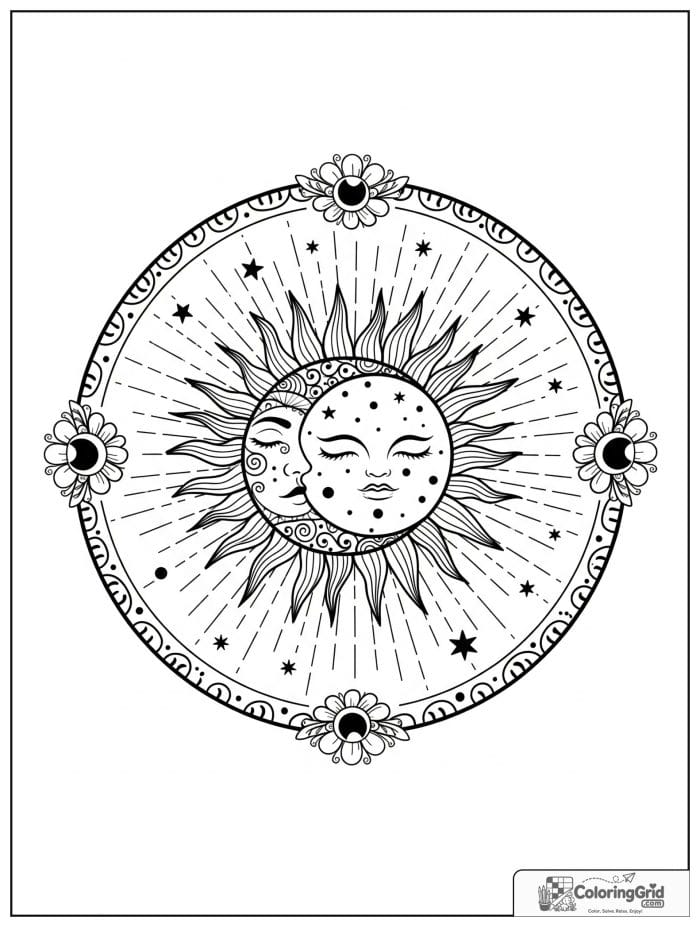 Boho coloring page featuring a sun and moon circle design.