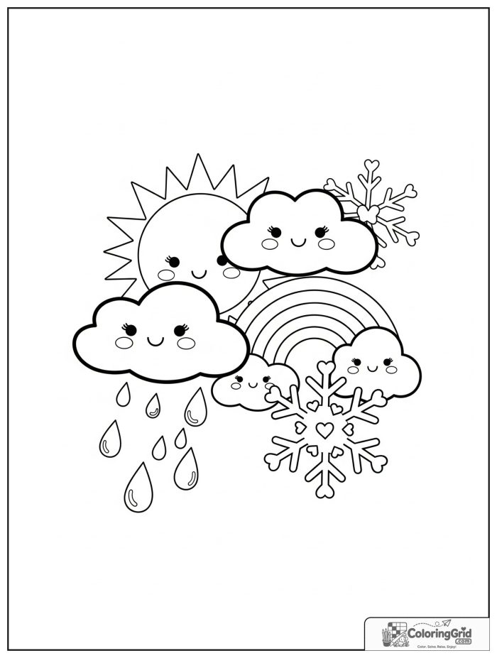 Weather Coloring Pages for Seasons featuring sun, cloud, and rainbow weather friends.