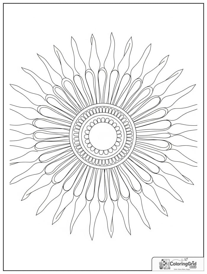 Easy mandala coloring page featuring a sunburst circle design.