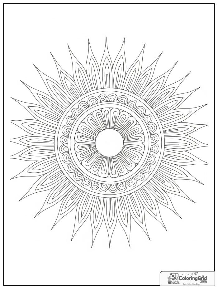Mandala coloring page featuring a sunburst design.