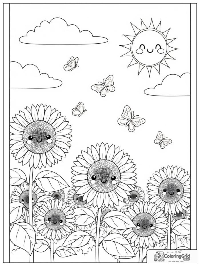 Summer Coloring Pages featuring a sunflower field with butterflies.