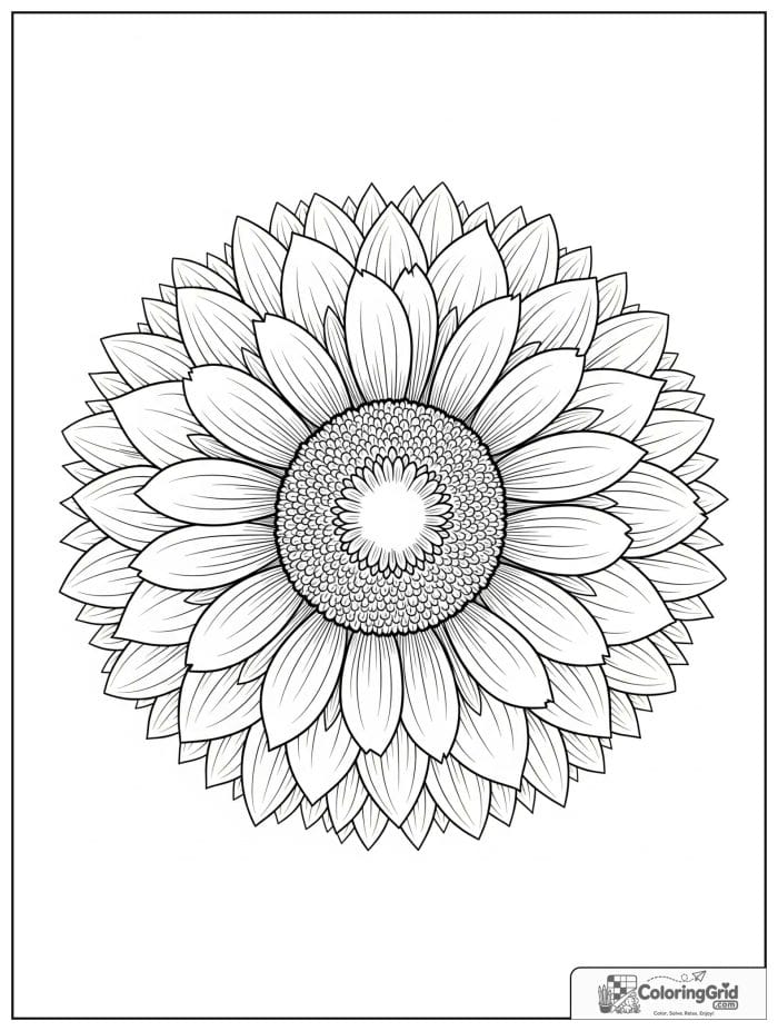 Flower mandala with sunflower petals and a textured center ring.