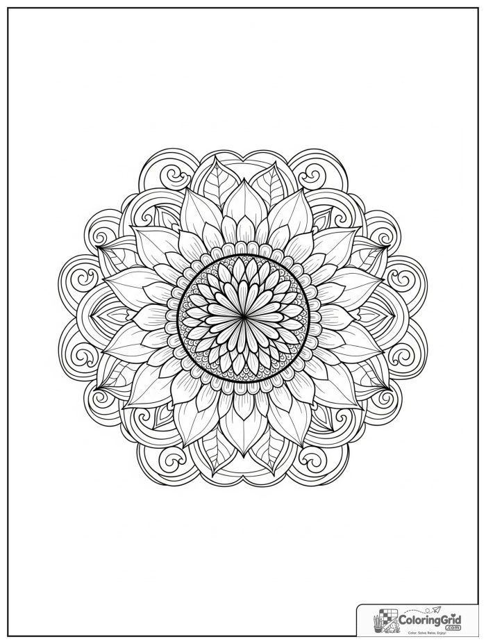 Relaxing sunflower mandala with layered petals and border rings.