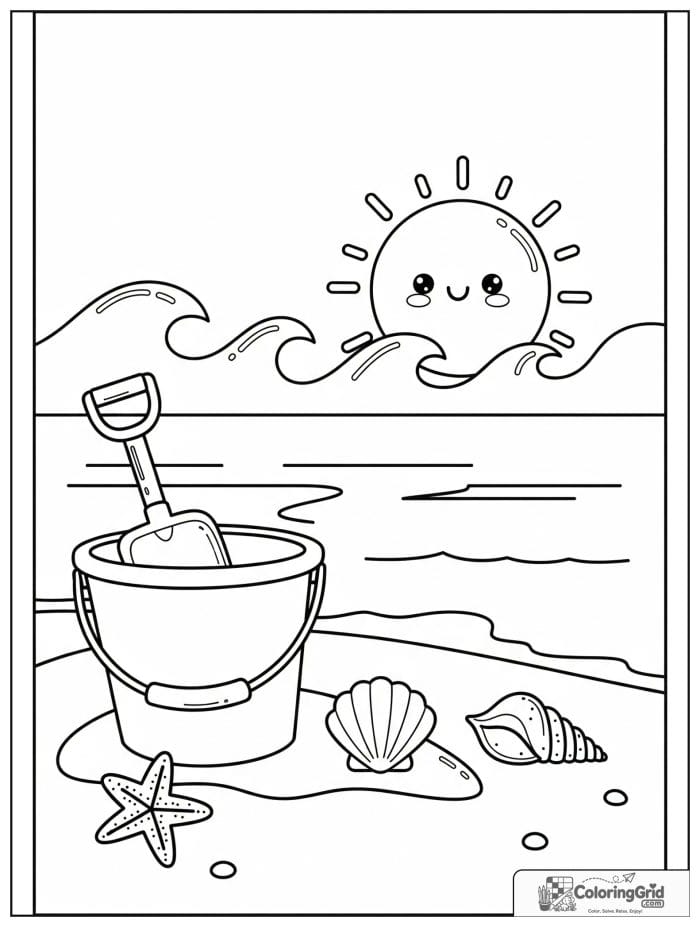 Summer Coloring Pages featuring a beach bucket and shovel scene.