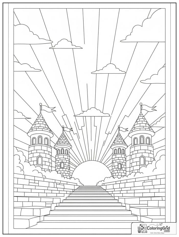 Castle coloring page featuring castle towers at sunrise.