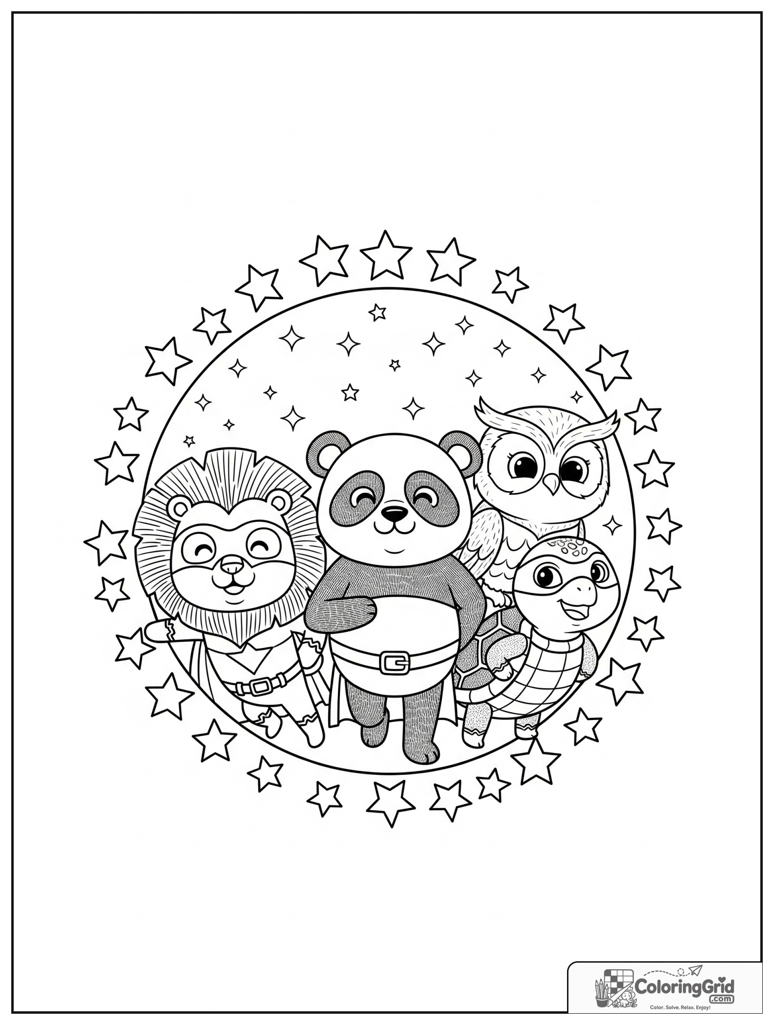 Cute superhero animals inside a circular star border with small sparkle details.