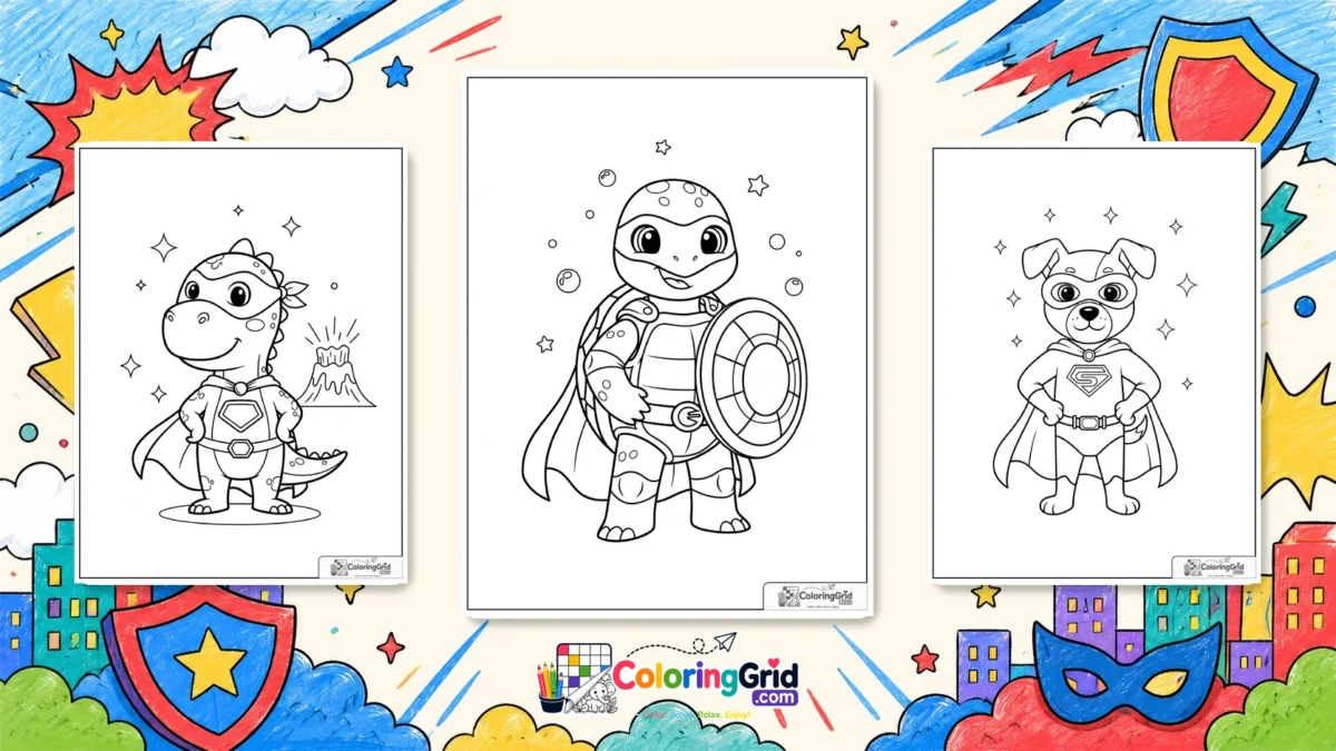 Superhero Animal Coloring Pages featured illustration for Superhero Animal Coloring Pages: 25+ Free Printable Hero Pet Designs