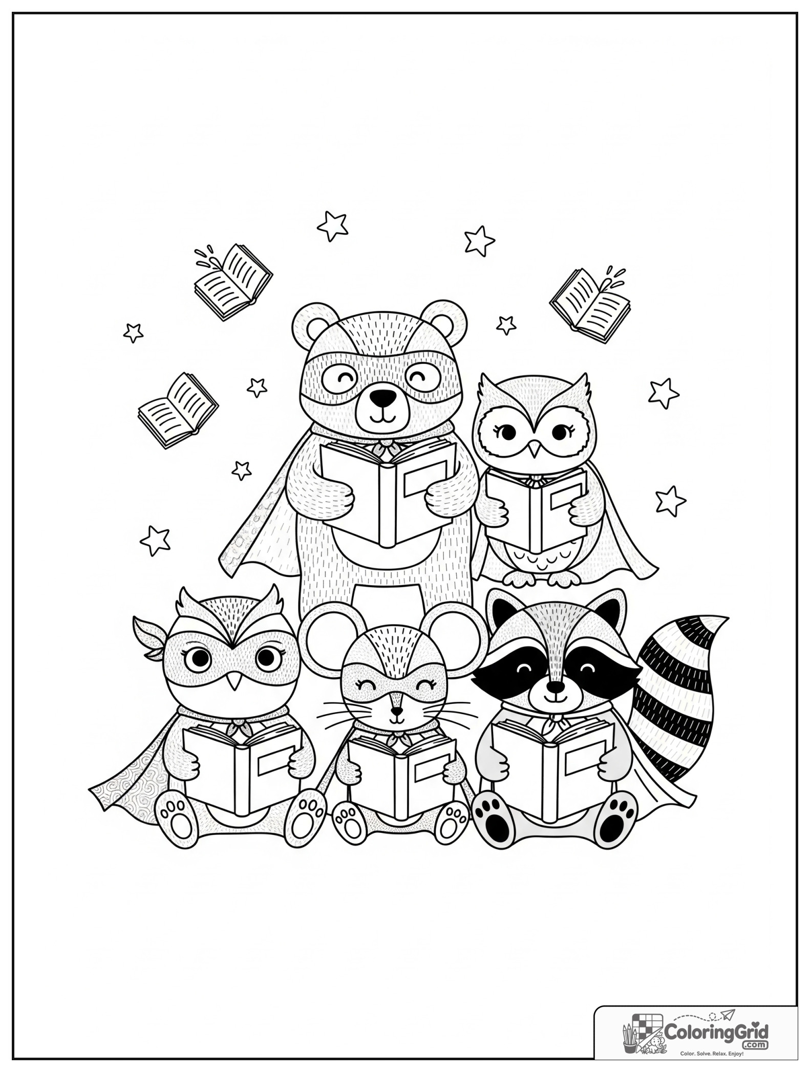 Cute superhero animal friends reading books with small book and star details.