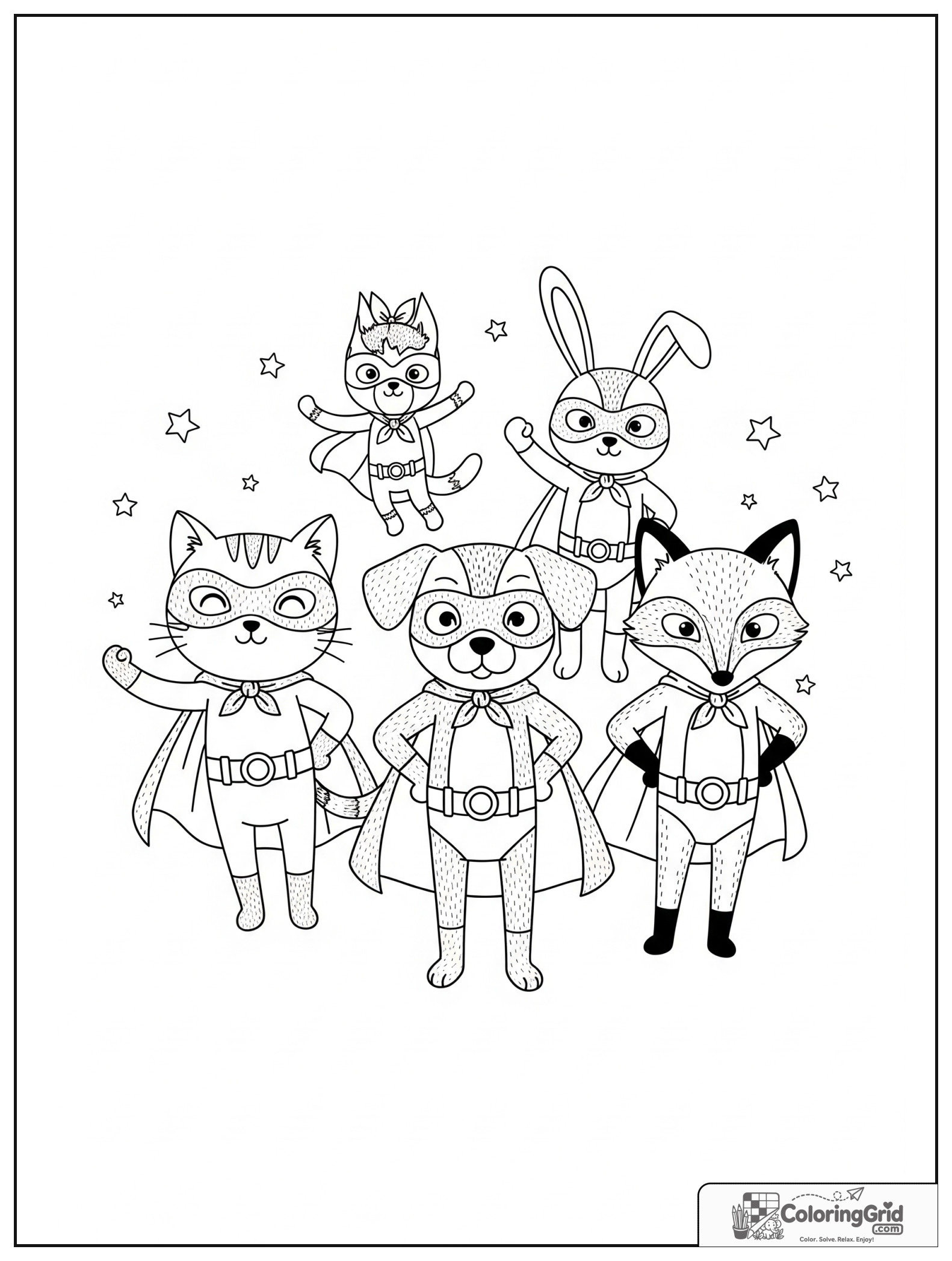 Cute superhero animal team standing together with small stars in the background.