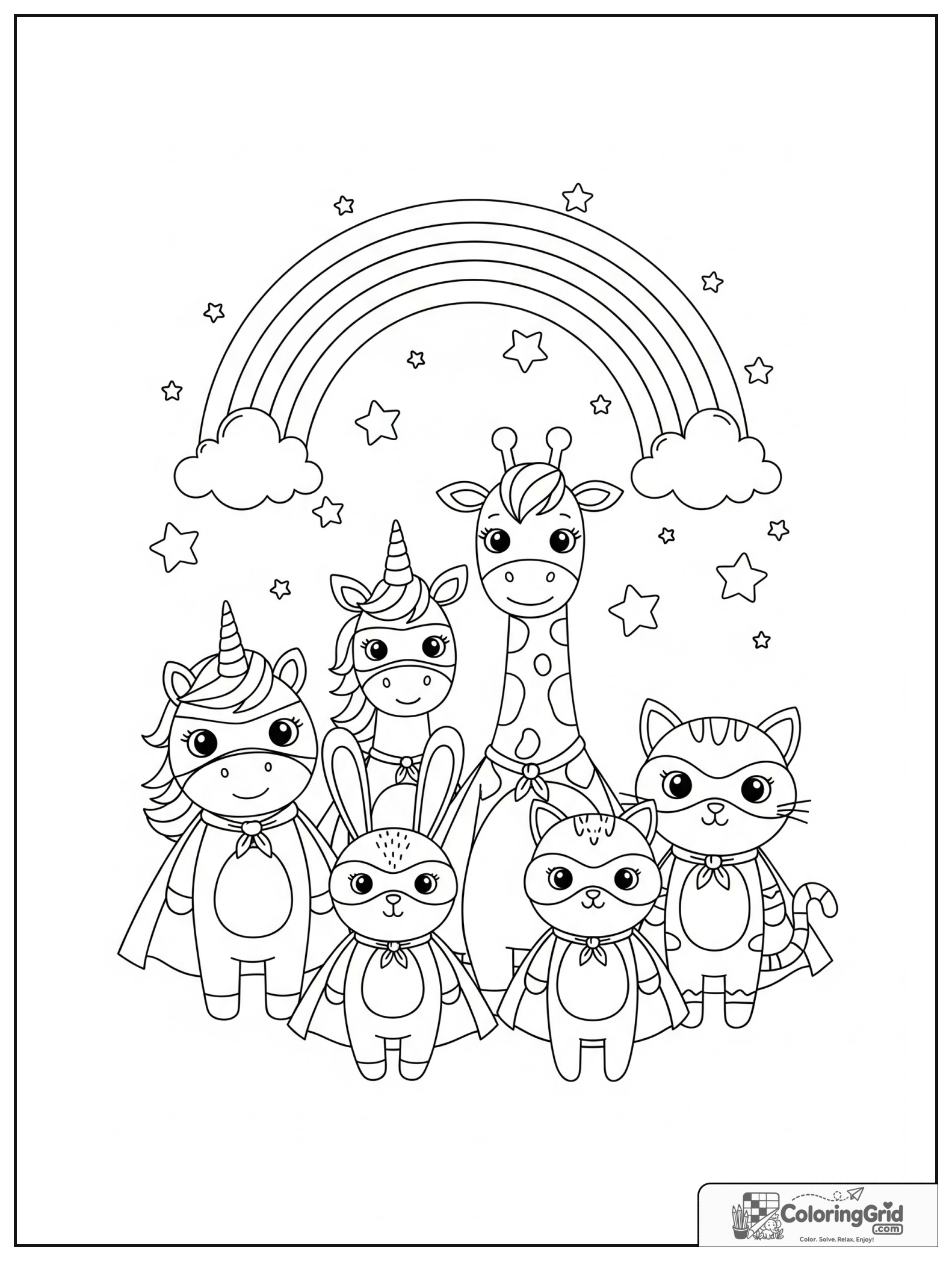 Cute superhero animals under a rainbow with small cloud and star details.