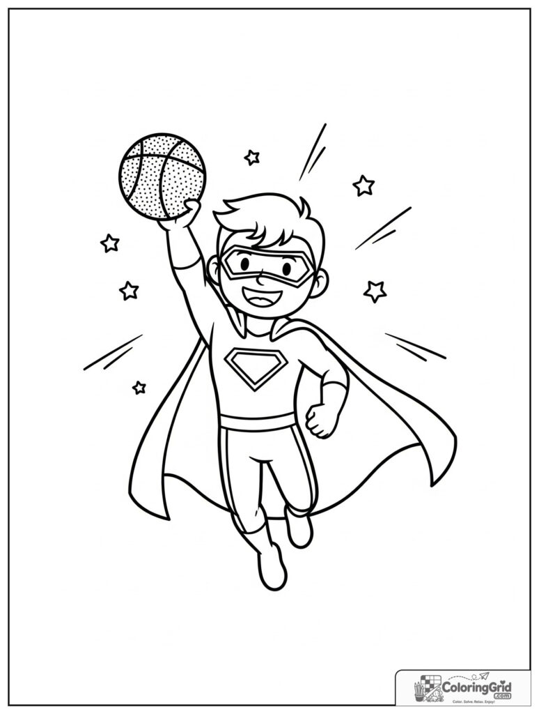Cute superhero making a basketball jump shot action pose.