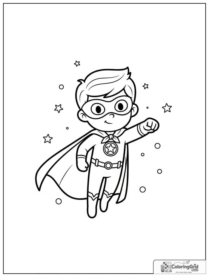 Cute superhero boy flying with small stars in the background.