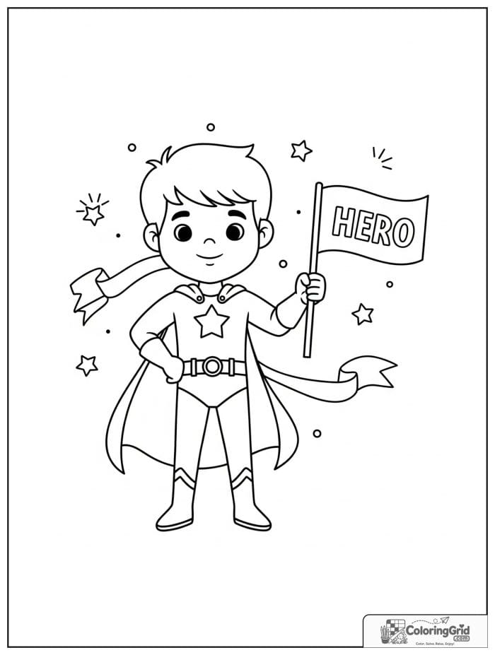 Cute superhero boy holding a flag with small ribbon and star details.
