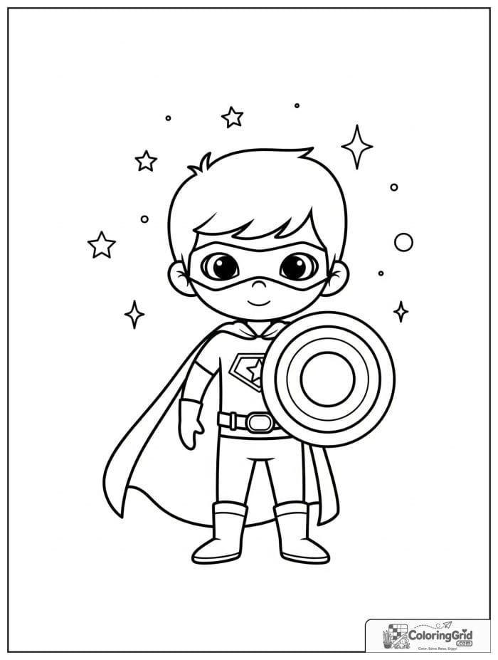 Cute superhero boy holding a shield with small stars in the background.