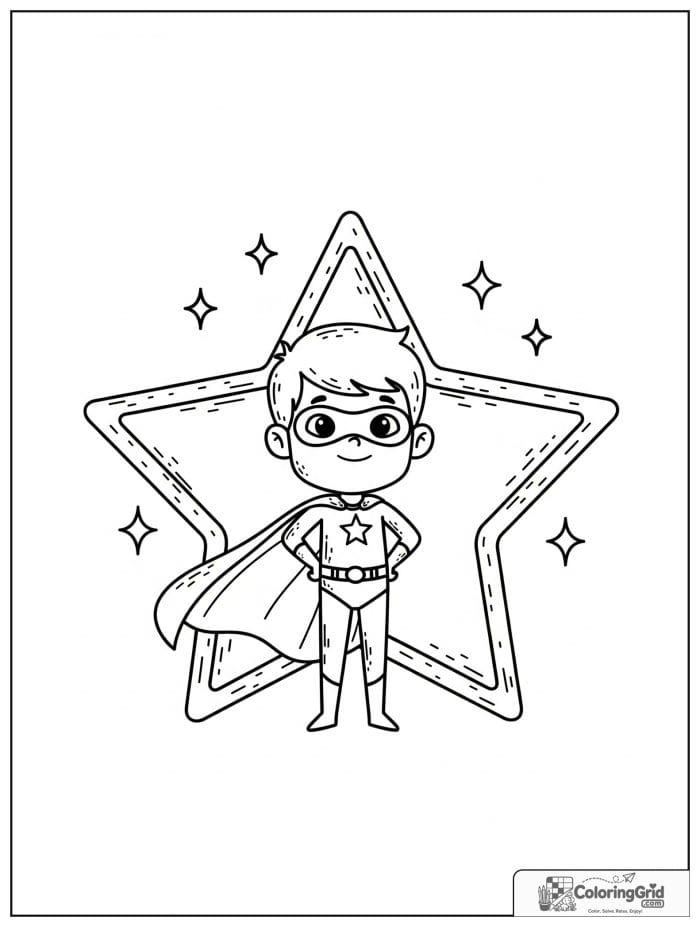 Cute superhero boy inside a star frame with sparkle details.