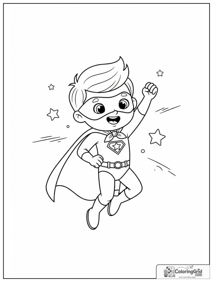 Cute superhero boy jumping high with small motion lines and stars.