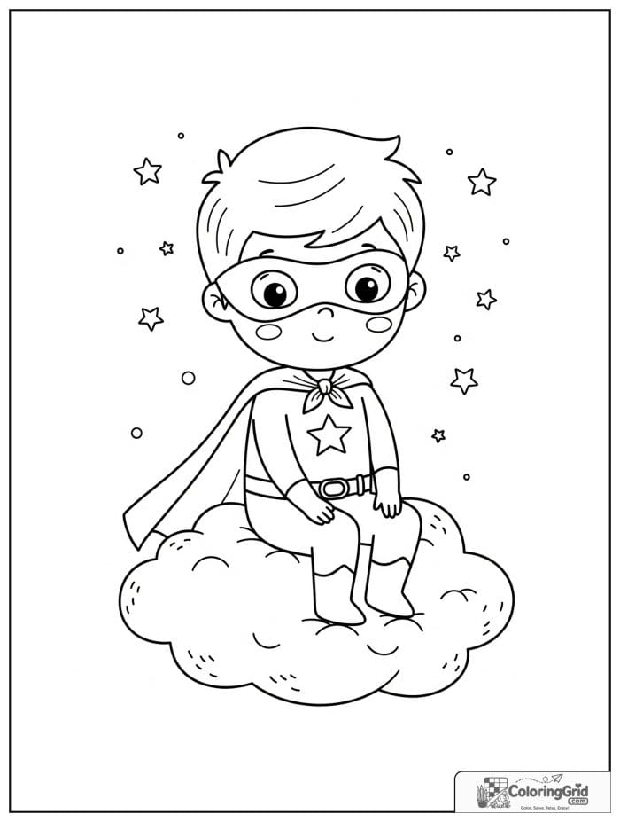 Cute superhero boy sitting on a cloud with small stars in the background.