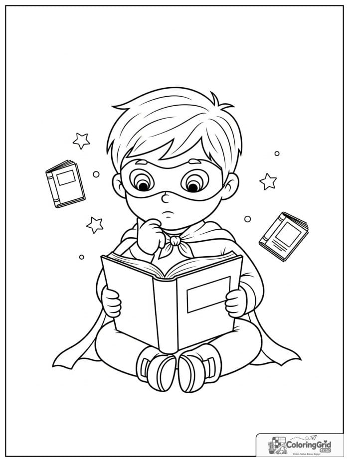 Cute superhero boy reading a book with small book details.