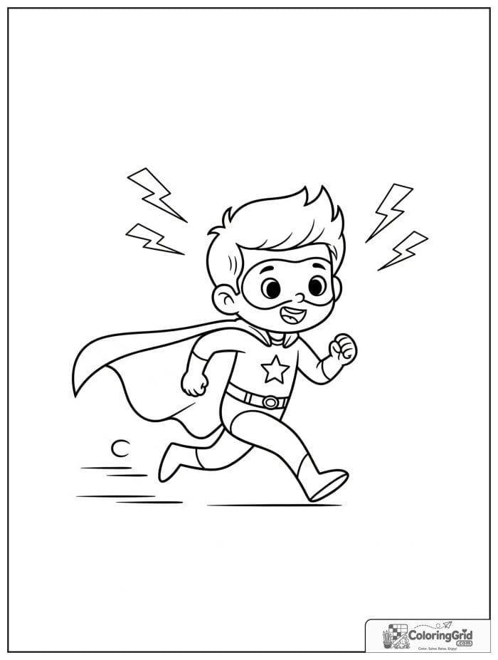 Cute superhero boy running fast with lightning and motion line details.