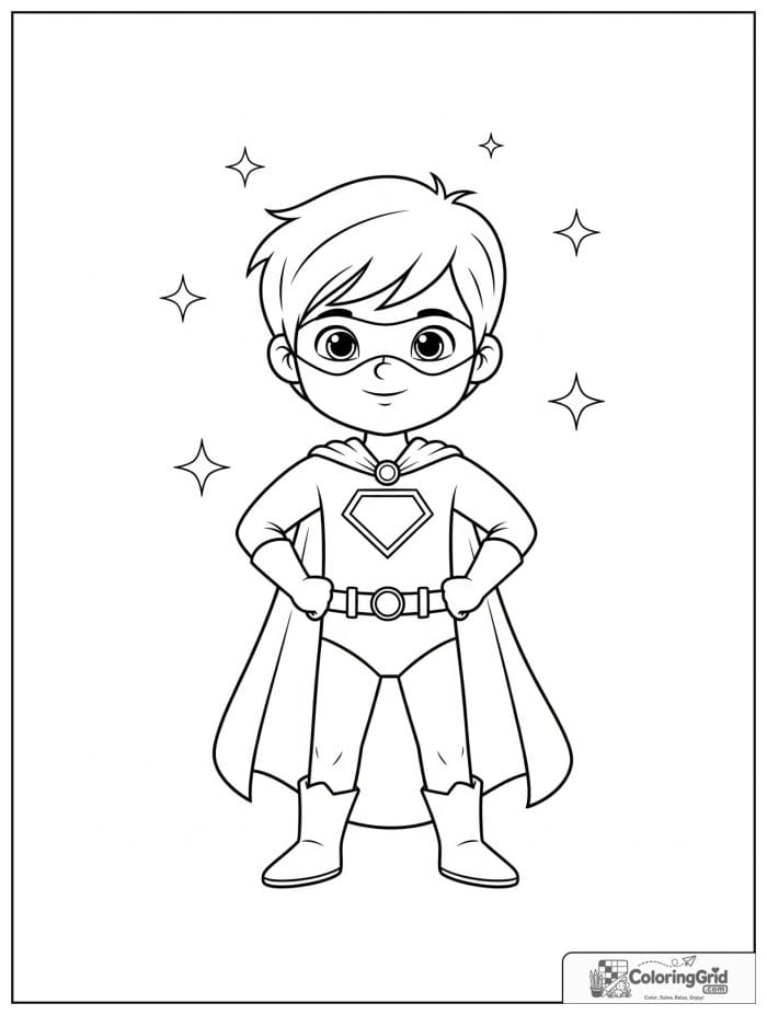 Cute superhero boy standing proudly with sparkles behind him.