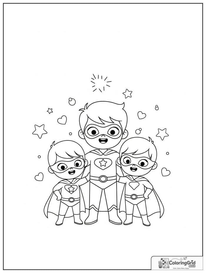 Cute superhero boy standing with two hero friends and heart details.