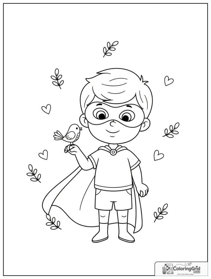 Cute superhero boy with a bird friend and small leaf details.