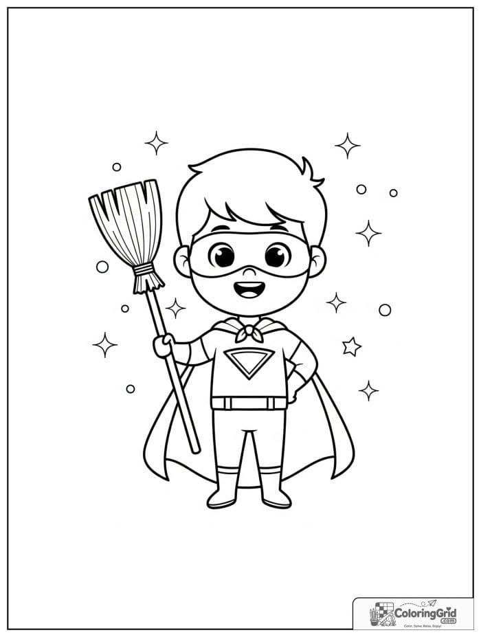 Cute superhero boy holding a broom with sparkle details.
