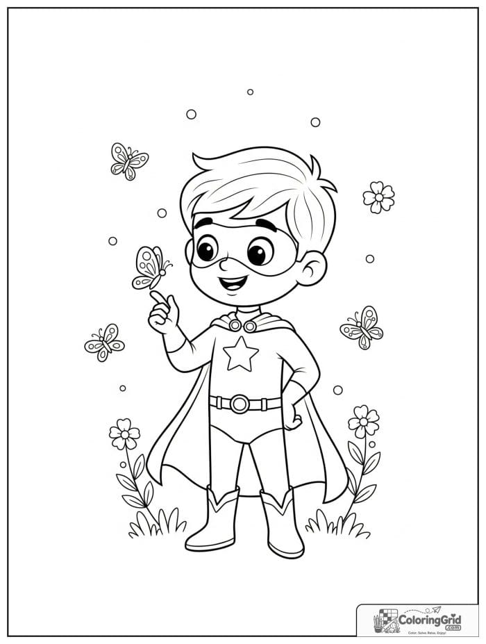 Cute superhero boy with a butterfly friend and floral details.