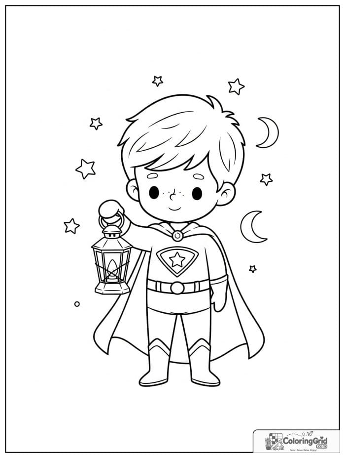 Cute superhero boy holding a lantern with moon and star details.