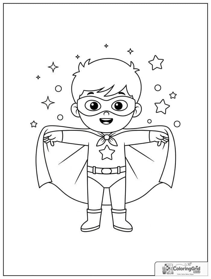 Cute superhero boy spreading his cape with small sparkle details.