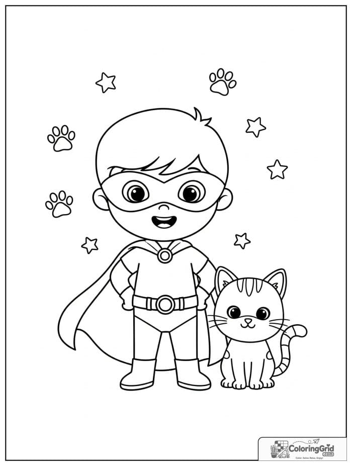Cute superhero boy with a cat friend and paw print decorations.