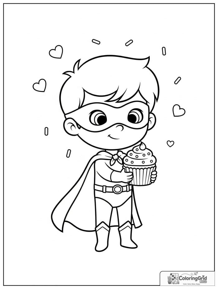 Cute superhero boy holding a cupcake with sprinkle details.