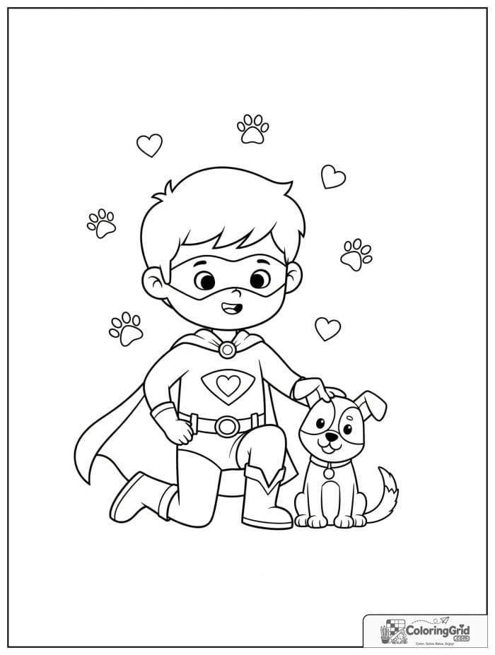 Cute superhero boy with a dog friend and paw print details.