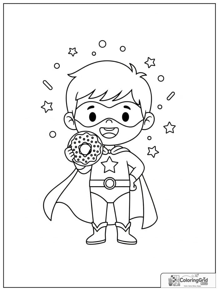 Cute superhero boy holding a donut with sprinkle and star details.
