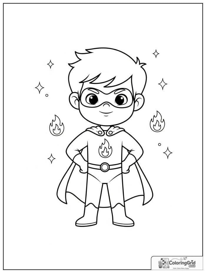 Cute superhero boy with a flame emblem and tiny flame details.
