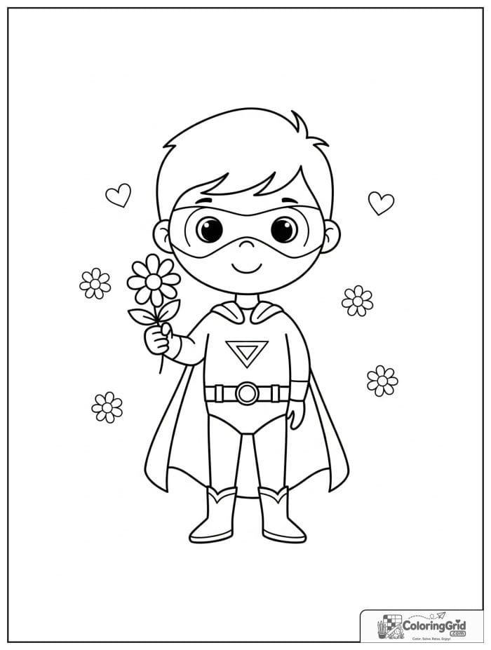 Cute superhero boy holding a flower with floral details in the background.