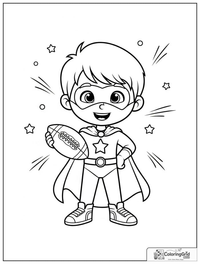 Cute superhero boy holding a football with motion line details.