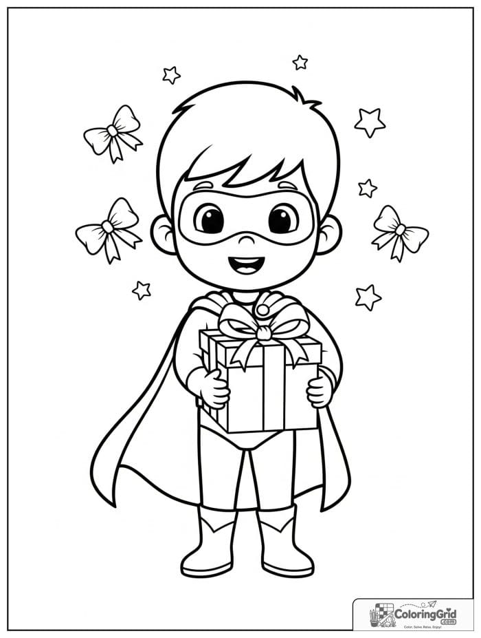 Cute superhero boy holding a gift box with bow and star details.
