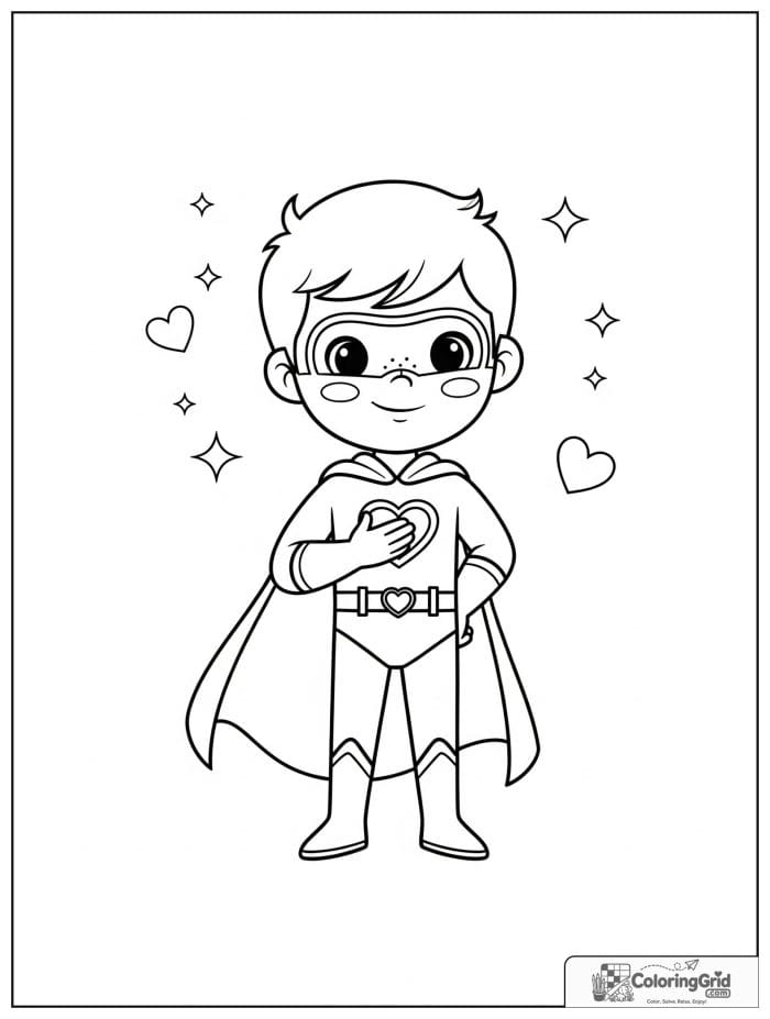 Cute superhero boy with a heart emblem and heart decorations.