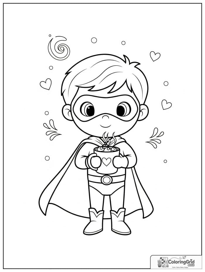 Cute superhero boy holding hot cocoa with steam and heart details.