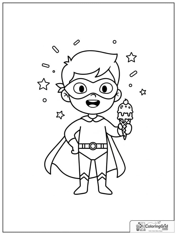 Cute superhero boy holding ice cream with sprinkle and star details.
