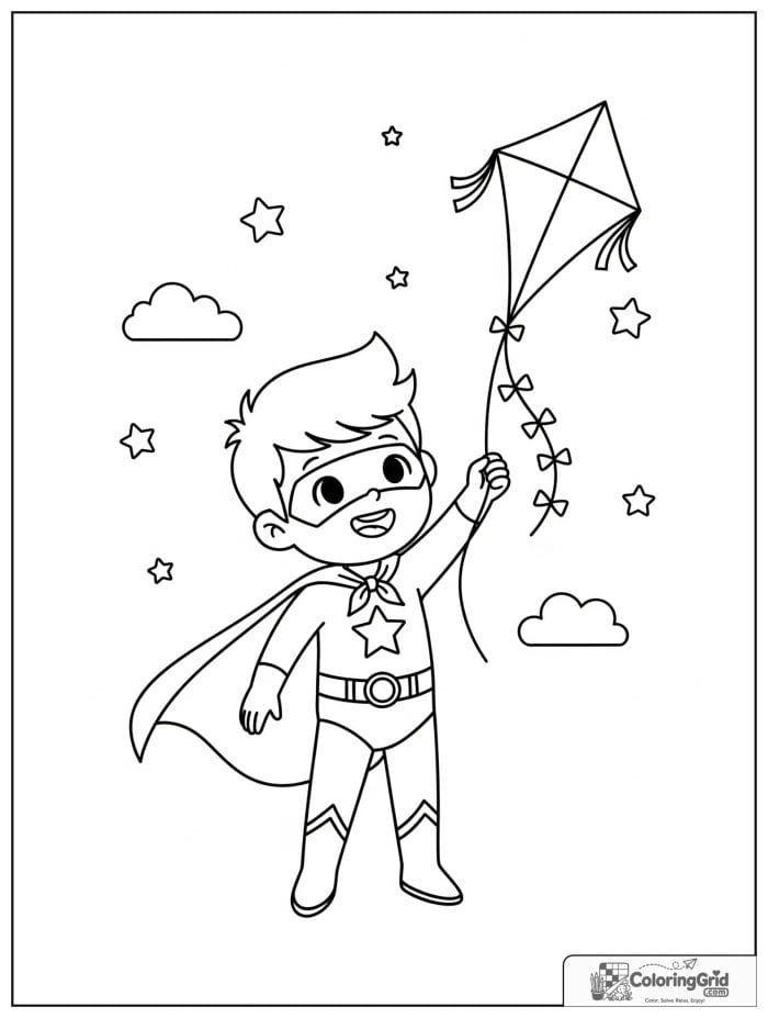 Cute superhero boy flying a kite with small cloud and star details.