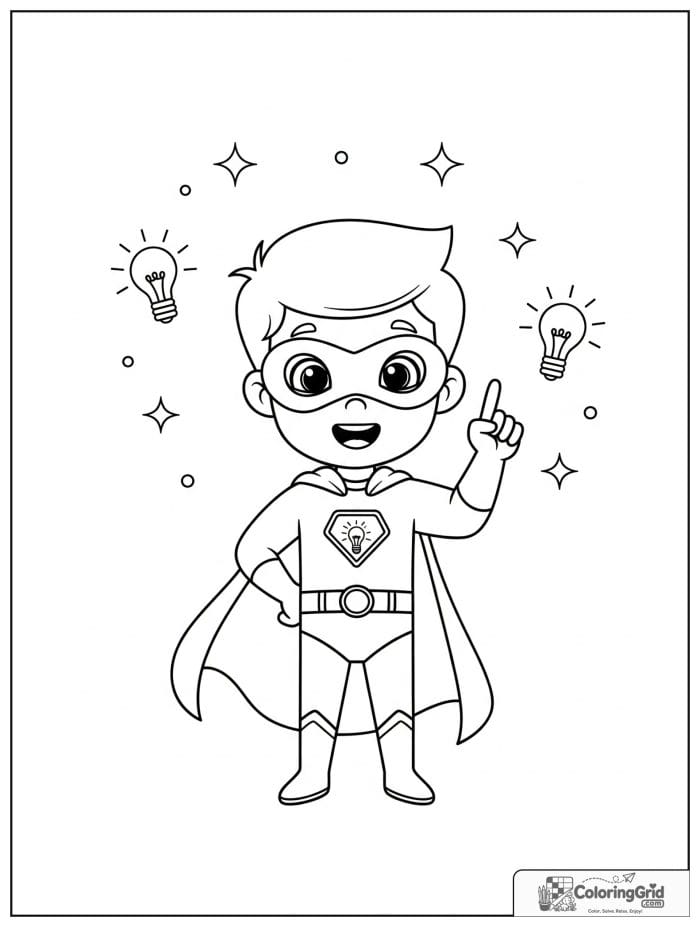 Cute superhero boy with an idea theme and light bulb decorations.