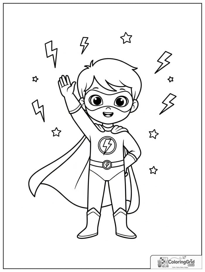 Cute superhero boy with a lightning bolt theme and small lightning details.