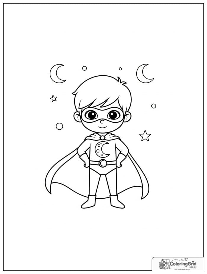 Cute superhero boy with a moon theme and tiny moon details.