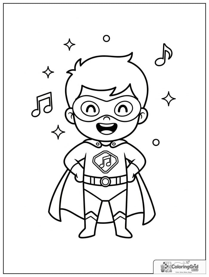 Cute superhero boy with a music note emblem and sparkle details.