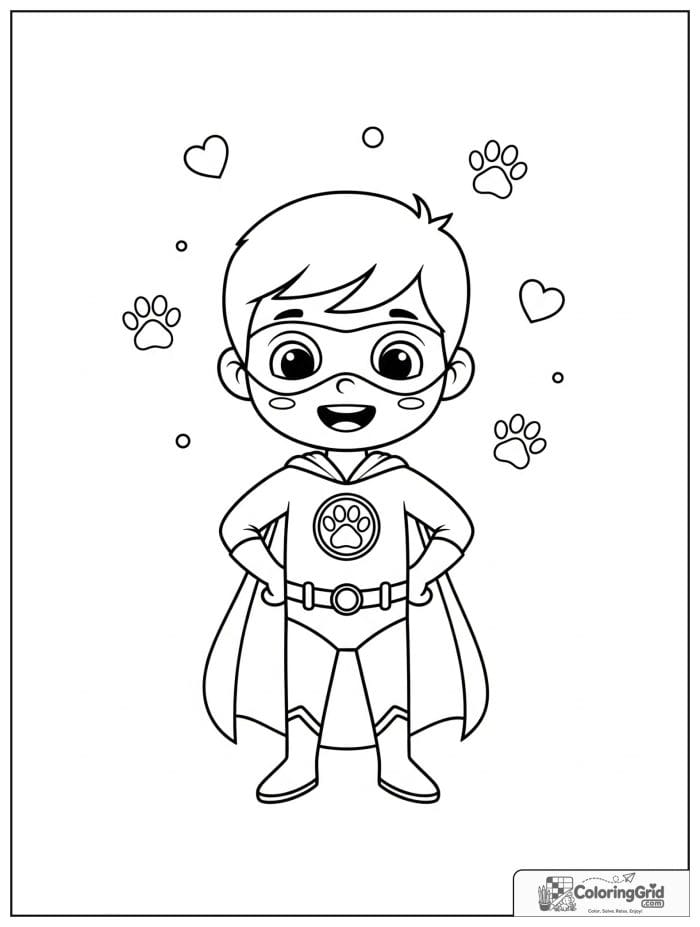 Cute superhero boy with a paw print emblem and heart details.