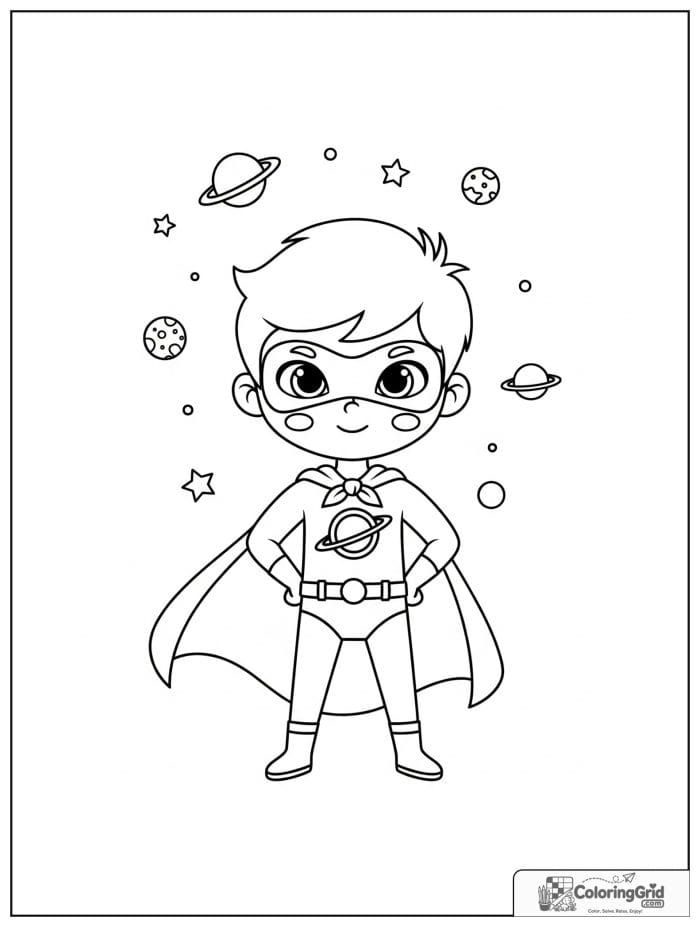 Cute superhero boy with a planet theme and star decorations.
