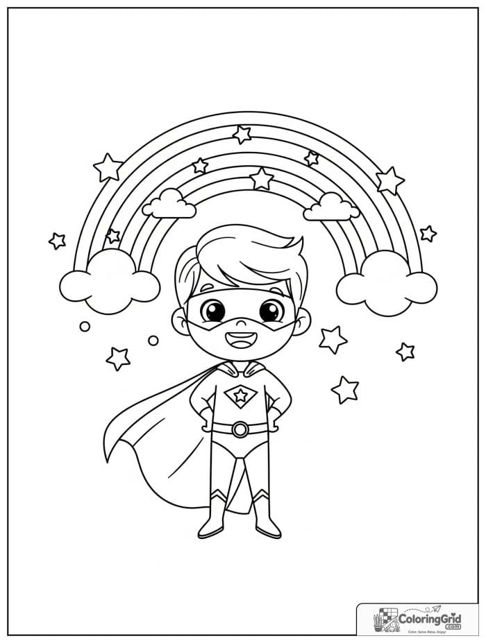 Cute superhero boy with a rainbow and small cloud decorations.