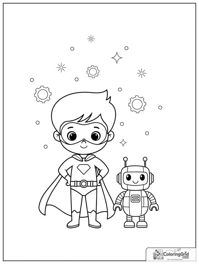 Cute superhero boy with a robot friend and gear decorations.